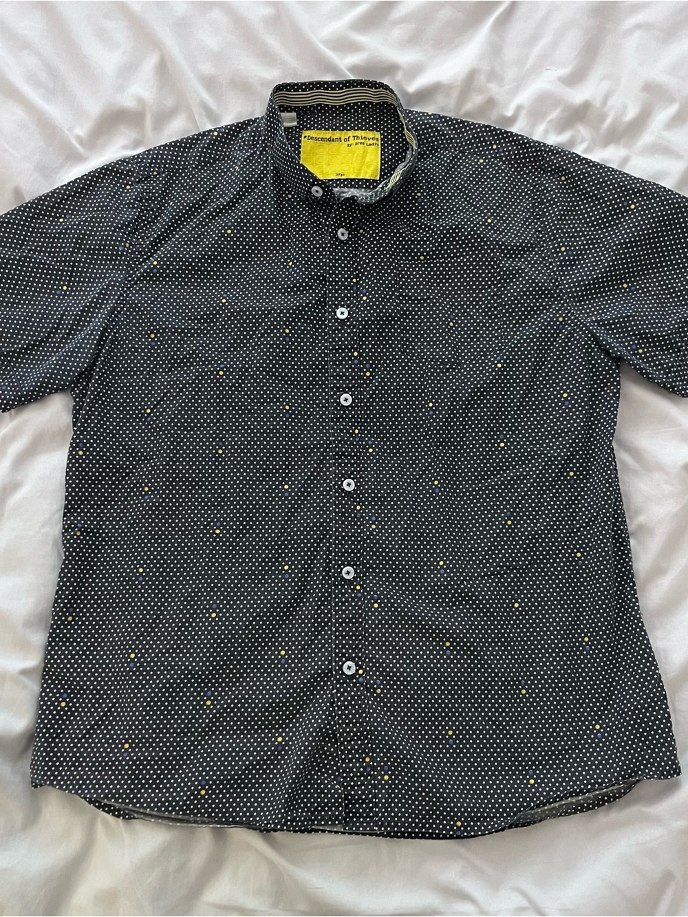 Descendant of Thieves Shirt Mens Large Blue Dot Short Sleeve Button Up Pocket